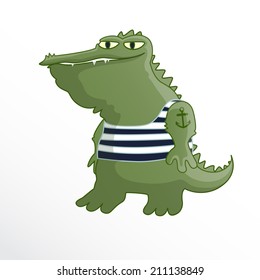 Alligator in the form of a sailor. Funny serious crocodile in a striped singlet. Isolated on white background. Vector illustration
