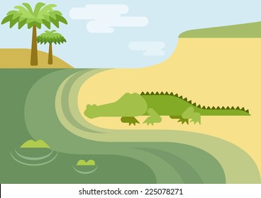 Alligator gator crocodile habitat flat design cartoon vector wild animals reptiles. Flat zoo nature children collection.