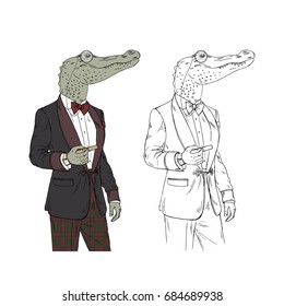 alligator gentleman with cigar, furry art illustration, fashion an