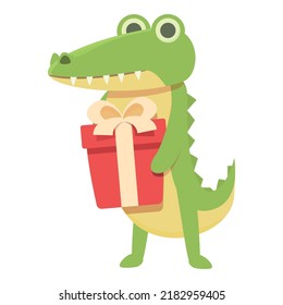 Alligator with gift box icon cartoon vector. Cute animal. Baby reptile