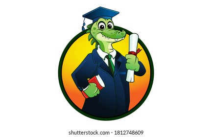 Alligator Graduation Logo Cartoon Mascot in Round Emblem