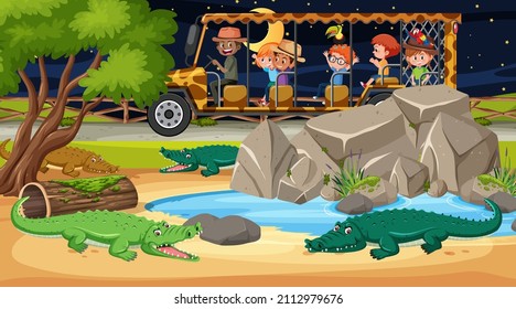 Alligator group in Safari scene with children in the tourist car illustration