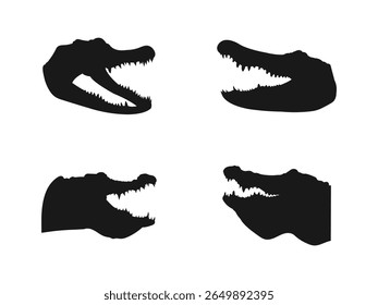 Alligator Head Icon Gator Crocodile Réptil Open Mouth Jaw Vetor. Silhuetas Da Cabeça Do Jacaré Mostrando Diferentes Ângulos. Crocodilo silhueta vetor arte fundo branco.