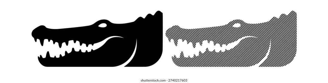 Alligator head icon vector set. predator animal symbol. black silhouette and outline with stripes