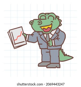 Alligator Holds Positive Business Graph And Shows Thumbs Up. Hand Drawn Character. Vector Illustration