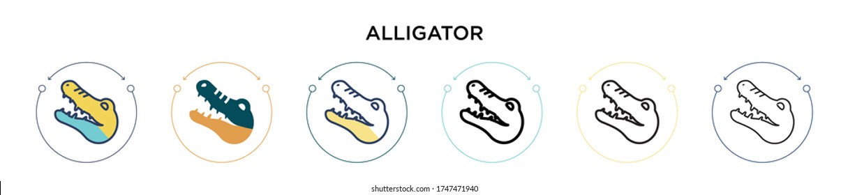 Alligator icon in filled, thin line, outline and stroke style. Vector illustration of two colored and black alligator vector icons designs can be used for mobile, ui, web