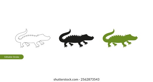 Alligator Icon Set in Various Styles: Editable Stroke Outline, Silhouette and Color