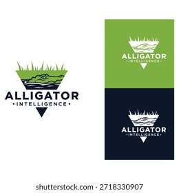 Alligator Intelligence Logo – Stylized Reptile in Triangle Emblem with Grass and Water on White, Green, and Blue Backgrounds