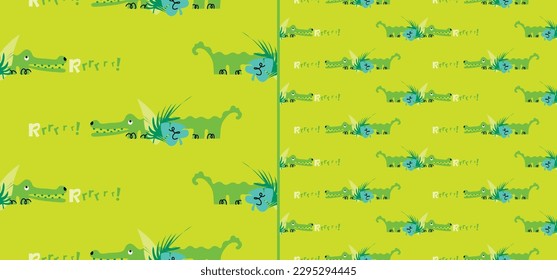 Alligator in the jungle seamless pattern illustration with green background design