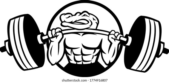 Alligator Lifting Heavy Barbell Weight Circle Mascot Black and White