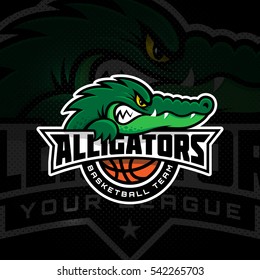 Alligator mascot for a basketball team on a dark background. Vector illustration.