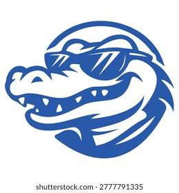Alligator Mascot Logo Vector Cool Crocodile Head with Sunglasses.Alligator mascot logo vector with a cool crocodile head wearing sunglasses. Bold blue monochrome emblem for sports team branding esports logos streetwear t shirt prints stickers school mascots badges and club identity. Isolated on white background.