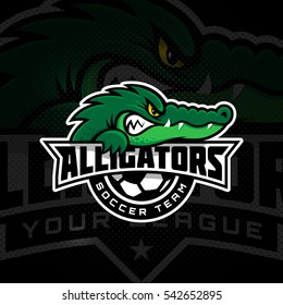 Alligator mascot for a soccer team on a dark background. Vector illustration.