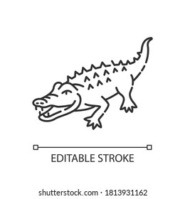 Alligator Pixel Perfect Linear Icon. Exotic Wildlife, Zoo Inhabitant Thin Line Customizable Illustration. Contour Symbol. Large Reptile, Crocodile Vector Isolated Outline Drawing. Editable Stroke