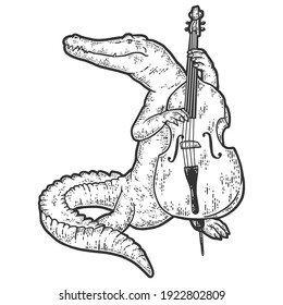 Alligator plays the double bass. Sketch scratch board imitation. Black and white. Engraving vector illustration