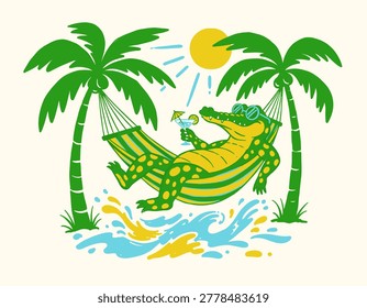 Alligator relaxing, hammock between palm trees, tropical drink, summer vibes, vintage illustration, beach vacation artwork