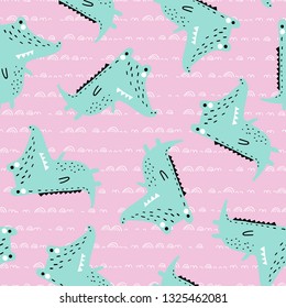 Alligator seamless pattern. Crocodile kids cloth ornament. Vector illustration. Perfect for kids fabric, textile, nursery wallpaper and baby shower.