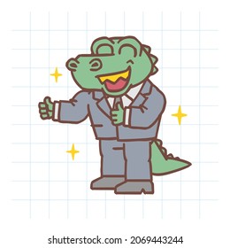 Alligator shows thumbs up and smiles. Hand drawn character. Vector Illustration