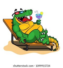 Alligator sit on lounge chairs and enjoy a drink Cartoon Vector