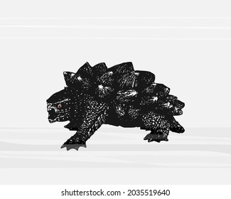 Alligator snapping turtle vector silhouette in lino cut style. Created using AI CS6.