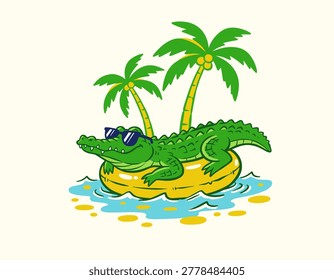 Alligator sunglasses, palm tree, summer vibe, tropical beach, yellow floatie, island life, cartoon reptile, sea water, vacation