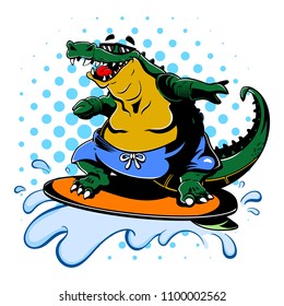 Alligator Surfing on Beach Cartoon Vector