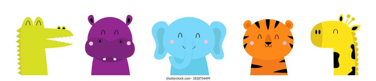 Alligator, tiger elephant, hippopotamus, giraffe. Cute cartoon kawaii animal face icon set. Hippo, river-horse. Notebook cover tshirt. Baby greeting card print. White background. Flat design. Vector