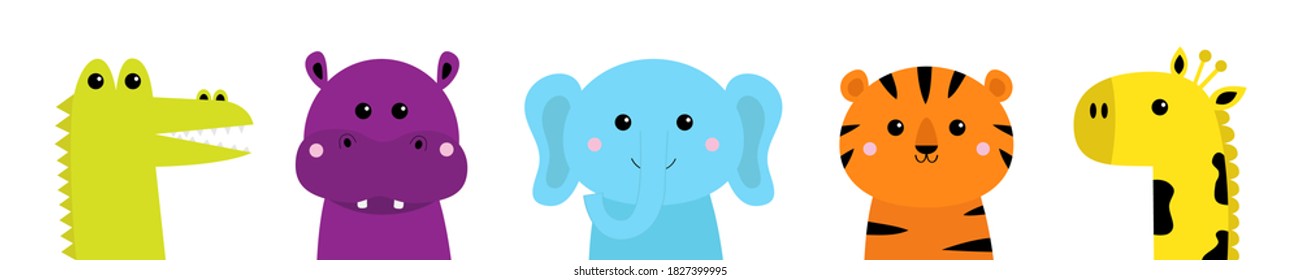 Alligator, tiger elephant, hippopotamus, giraffe. Hippo, river-horse. Cute cartoon kawaii animal face icon set. Notebook cover tshirt. Baby greeting card print. White background. Flat design. Vector