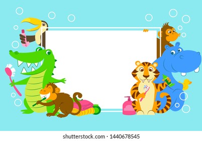 alligator,  tiger,   hippopotamus, hippo, monkey, primate, toucan,  holding empty banner, billboord with plase for text. 