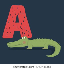 Alligator vector character with letter A isolated on a dark background.Cute African animal cartoon childhood education
