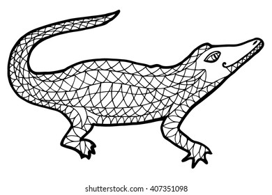 Alligator vector, alligator zen tangle and zen doodle. African animal coloring. crocodile
 tattoo. Black and white.
