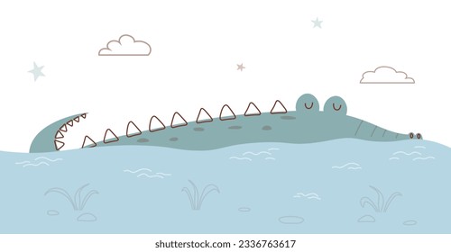 Alligator in water. Cute crocodile swimming in river. Sleeping wild African animal. Tropical reptile in lake. Big predator flat vector illustration. Abstract childish illustration in scandi style.