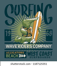 Alligator wave rider surf team, grunge abstract vector print for children wear 