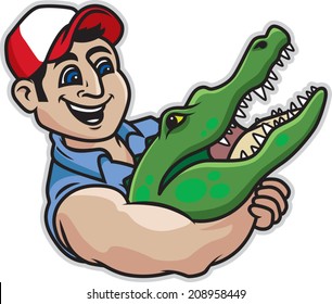 Alligator Wrestling.  Vector Illustration Of A Man Wrestling An Alligator.