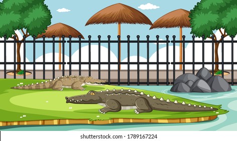 Alligator in the zoo scene illustration