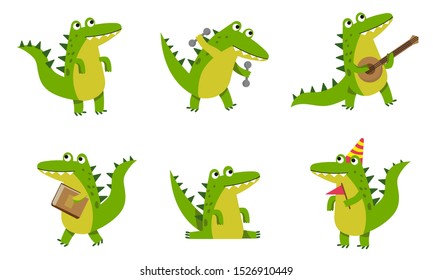 Alligators With Different Emotions In Various Poses Vector Illustrations Cartoon Character