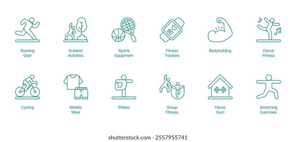 All-Inclusive Fitness Icon Set - Vector Illustrations for Running Gear, Outdoor Activities, Sports Equipment, Fitness Trackers, Bodybuilding, Dance Fitness, Cycling, Athletic Wear, Pilates 