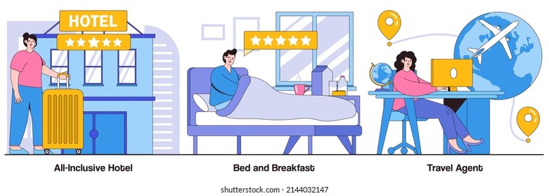 All-inclusive hotel, bed and breakfast, travel agent concepts with people characters. Luxury hospitality resort abstract vector illustration pack. Vacation package, all included service metaphor.