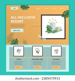 All-inclusive resort flat landing page website template. Casino, amusement park, sea resort. Web banner with header, content and footer. Vector illustration.