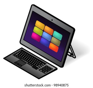 An all-in-one desktop touchscreen computer with a compact wireless keyboard. Shown with a kick-stand.