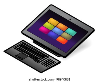 An all-in-one desktop touchscreen computer with a compact wireless keyboard. Shown with the screen laid down plat.