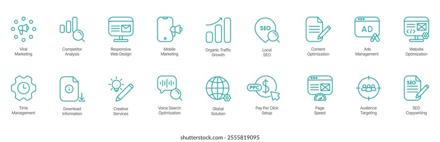 All-in-One Digital Marketing and SEO Icon Set – Viral Marketing, Computer Analysis, Responsive Web Design, Mobile Marketing, Organic Traffic Growth, Local SEO, Content Optimization, Ads Management 