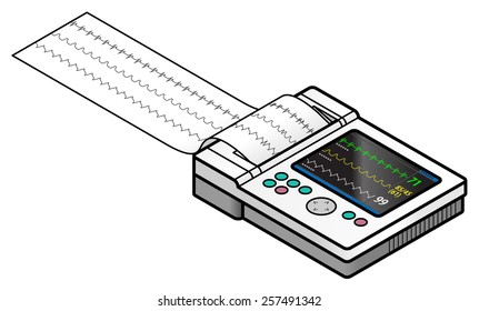 An all-in-one ECG/EKG machine with an integrated printer and print-out. Screen shows three graphs.