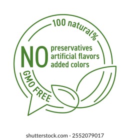 All-in-one label for healthy organic certified food products. No artificial flavors, preservatives, added colors. GMO-free and 100 percent natural. in thin line