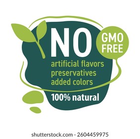 All-in-one label for healthy organic certified food products. No artificial flavors, preservatives, added colors. GMO-free and 100 percent natural, abstract organic style