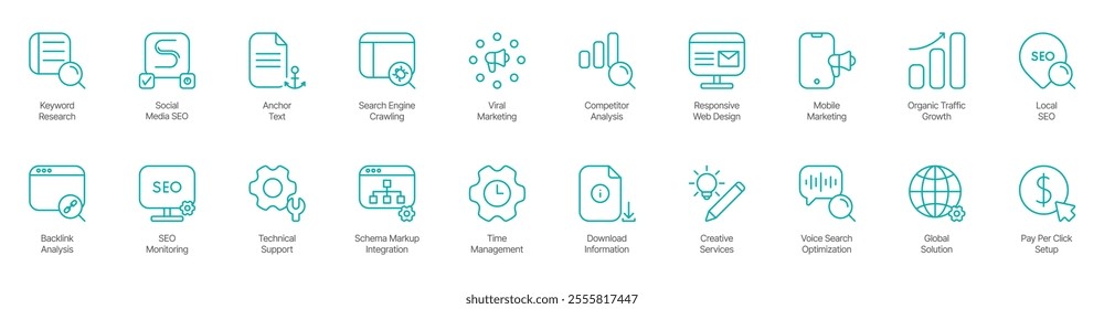 All-in-One SEO and Digital Marketing Icon Set – Keyword Research, Social Media SEO, Anchor Text, Search Engine Crawling, Viral Marketing, Competitor Analysis, Responsive Web Design, Mobile Marketing 