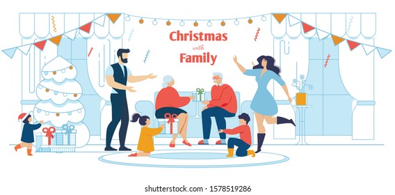 All-In-The-Family Xmas Celebration. Three Generations in Decorated Home Living Room Exchange Gifts. Flat Greeting Poster with Festive Lettering. Winter Holidays Together. Vector Illustration