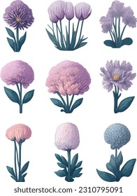 Allium Flower Set, Watercolor Flower Vector Design Set