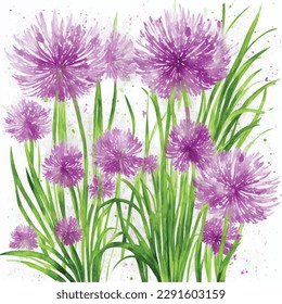 allium flowers garden seamless pattern watercolor, leaves and branches