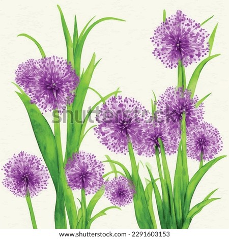 allium flowers seamless pattern watercolor on yellow background